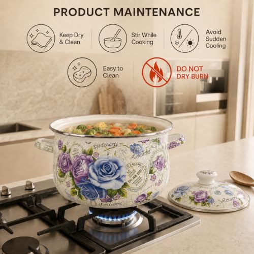 4.5 Quart Enamel Stock Pot with Lid (Multi Rose-4.5 QT)