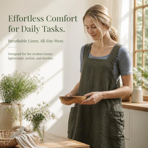 Cross Back Linen Cotton Apron with Pockets (3X-Large / Green)