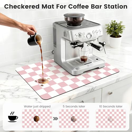 Checkered Dish Mat for Kitchen Coffee Station (Pink / 16" x 24")