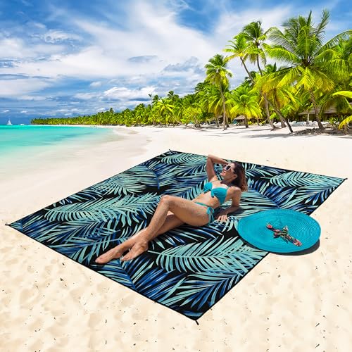 Beach Blanket Mat Waterproof Sandproof for 2 (Leaves Black / 79" X 83"（1-4person）)