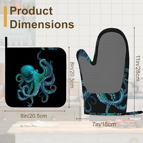 Oven Mitts and Pot Holders Green Octopus Silicone Kitchen Accessories Set of 4 Heat Resistant Gloves Potholder Non (Green Octopus)