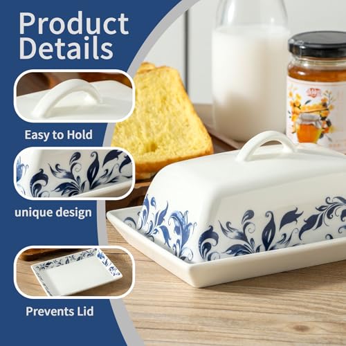 Ceramic Butter Dish with Lid Blue and White Vintage Floral Butter Container (white 2)
