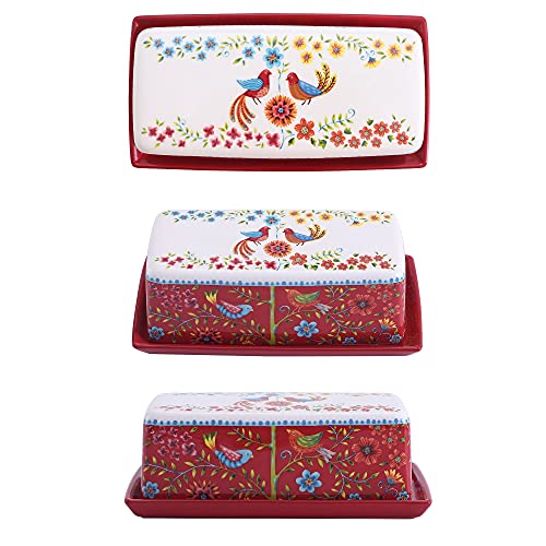 Red Spring Bird Ceramic Butter Dish with Lid (Red Spring Bird / Large)