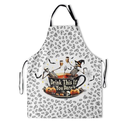 2 Pockets Adjustable Neck Apron Coffee Skull Printed Waterproof Apron for Coffee Lover (33" x 28"(Pack of 1) / Coffee Skull White)