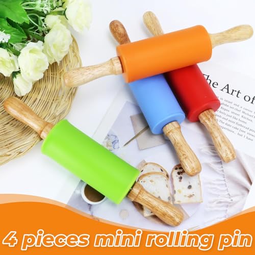 4 Pack Mini Rolling Pin for Kids 9 Inch Wooden Handle (orange + red + blue + green)