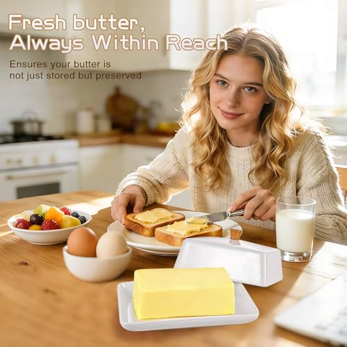 Ceramic White European Butter Dish with Lid for Countertop (White / 8 Inch)