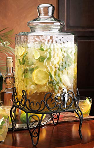 2.5 Gallon Classic Hammered Glass Beverage Dispenser with Elegant Stand (Clear-2.5-Gallon)