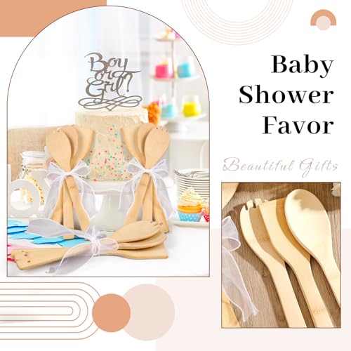 108 Pcs Bamboo Spatula Wooden Kitchen Utensil Bulk 12''wood Spoon Spatula for Cooking with Ribbon Bridal Baby Shower Game Prize Wedding Party Favors Housewarming Gift (Various Style)
