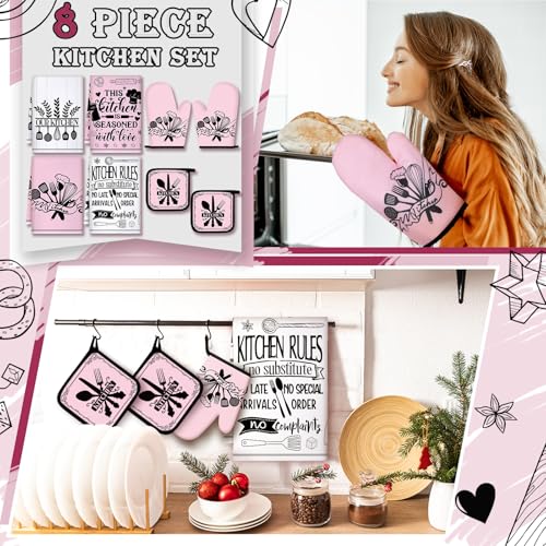 8 Pcs Kitchen Towels and Oven Mitts Sets Pot Holders Dishcloths Set Kitchen Decorative Accessories Absorbent Potholders Heat Resistant for Chef Baking Cooking (Pink and White / Exquisite)