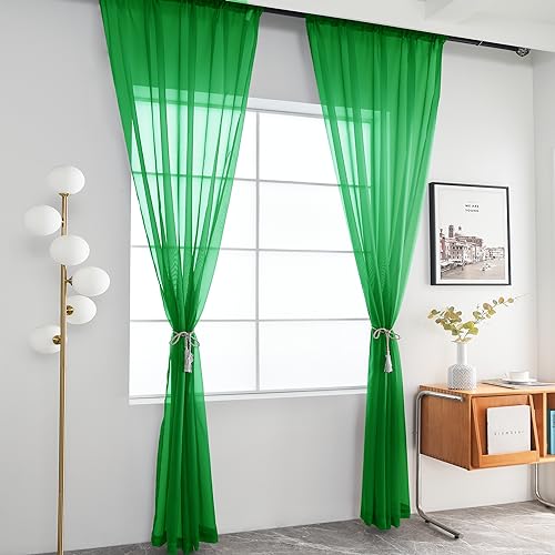 Solid Sheer Rod Pocket Curtain Voile Draperies 2 Panels White Beige Black Grey Coffee 52 Inch Width 72 Inch Long 1 Pair for Kitchen Bedroom Children Living Room Yard (Green / 52"W x 72"L (Pack of 2))