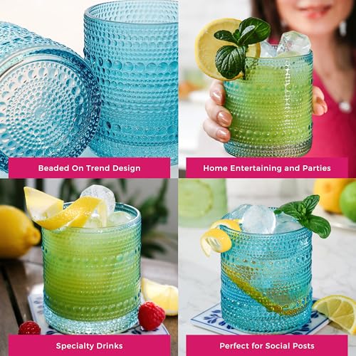 Hobnail Beaded Drinking Glasses Vintage Glassware Set (Beaded 10 oz. / Aqua Blue)