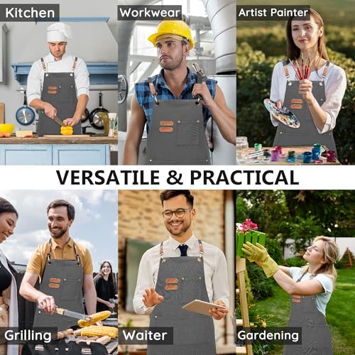 Chef Canvas Aprons with 3 Large Pockets Adjustable Strap for Men Women Gray (Gray)