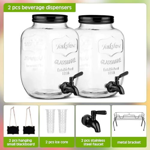 2 Pcs 2 Gallon Glass Drink Dispenser with Stand Ice Cylinder Hanging Chalkboard Signs 18 (Black Spigot)