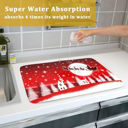 Christmas Reindeer Moon Star Red Dish Drying Mat for Kitchen Counter (18" x 24")