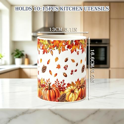 Fall Ceramic Utensil Holder Orange Watercolor Pumpkin Maple Leaf Kitchen Crock for Autumn Harvest Thanksgiving Countertop Storage Organizer (Orange Maple Leaf)