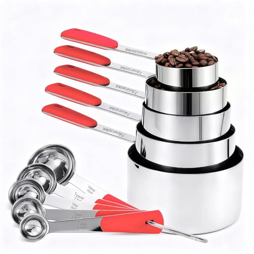 10 Pcs Stainless Steel Measuring Cups & Spoons Set (Red)