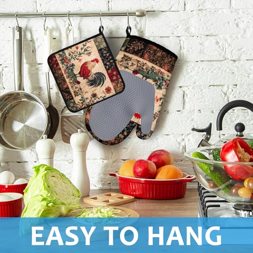 Rustic Rooster Oven Mitts and Pot Holders Sets Heat Resistant 4Pcs Potholders Oven Gloves Hot Pads for Kitchen Baking Cooking Grilling BBQ (Rustic Rooster)