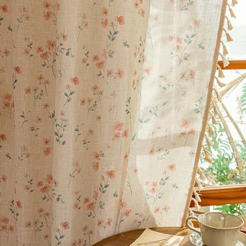 Boho Linen Floral Curtains 63 inch Long for Girls Bedroom Vintage Farmhouse Pink Printed Semi Sheer Light Filtering Back Tab Rod Pocket Drapes with Tassels (Pink / 50"W x 63"L (Pack of 2))