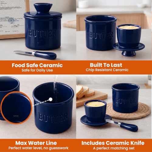 Butter Crock with Lid for Countertop with Spreader Knife and Water Line (Dark Blue / Regular)