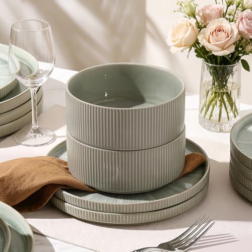 Stoneware Dinnerware Sets for 4 (Sage Green / 4-Set(12pcs))
