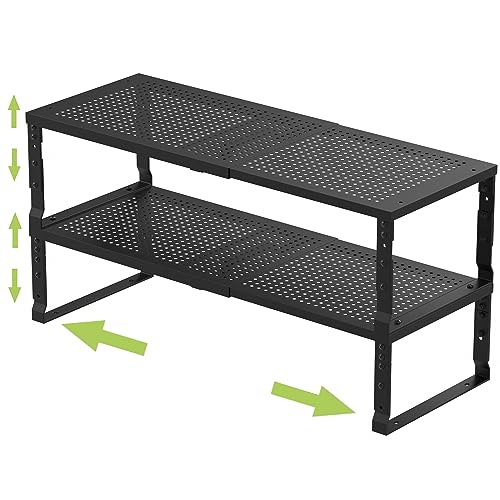 Expandable Adjustable Stackable Kitchen Organizer (2 Packs/Black / 10.24"D x 16.6"~26.5"W x 6.1"/7.5"H)