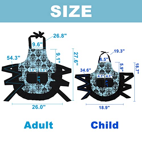 Vintage Ruffle Floral Aprons with Pockets for 2 Pockets for Mama and Me (Blue-mama and Me Set)