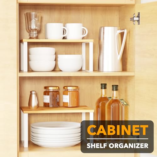 Cabinet Shelf Organizers 2 Pack (11.7"W / White + Natural)