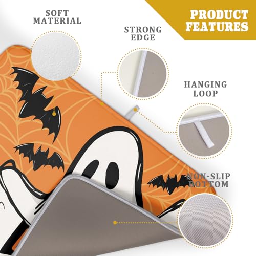 Orange Halloween Dish Drying Mat Spooky Boo Ghost Black Bats Dish Drainer Mats 18"x24" Spider Web Microfiber Reversible Dish Drying Rack Pad Protector for Kitchen Countertop Large Decor (24" x 18")