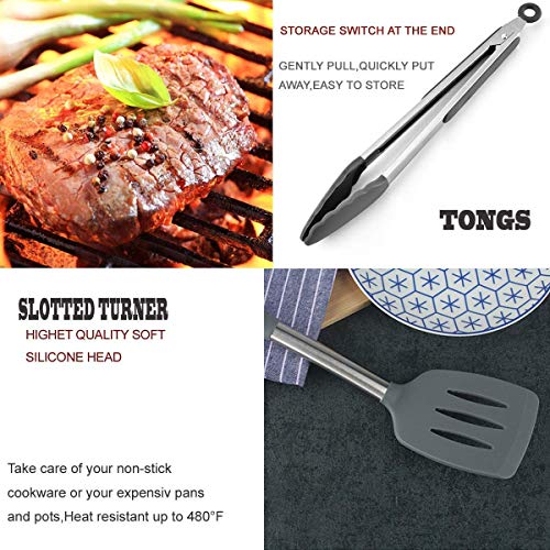 Silicone Kitchen Cooking Utensils Set with Stainless Steel Handle (Gray)