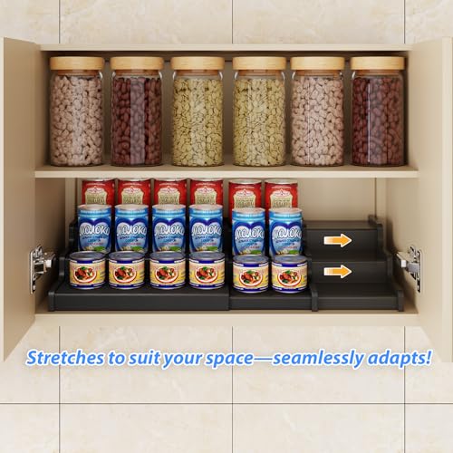 3 Tier Expandable Bamboo Can Organizer for Pantry (12.4"-24"W × 10.8"D × 4.5"H / Black)