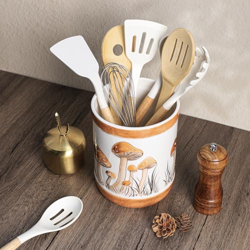 Brown Ceramic Mushroom Pattern Kitchen Utensil Holder (Brown)