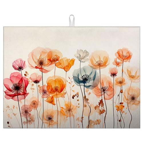 Poppy Dish Drying Mat for Kitchen Counter Wild Flower Drying Pad Absorbent Reversible Dish Drainer Rack Mats Draining Pad 18"x24"Inch