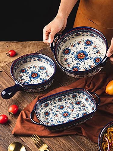 Blue and Orange Flower Vintage Style Ceramic Bakeware Casserole Lasagna Pans Baking Dish with Handles for Oven (BlueOrangeFlower / 32 OZ)