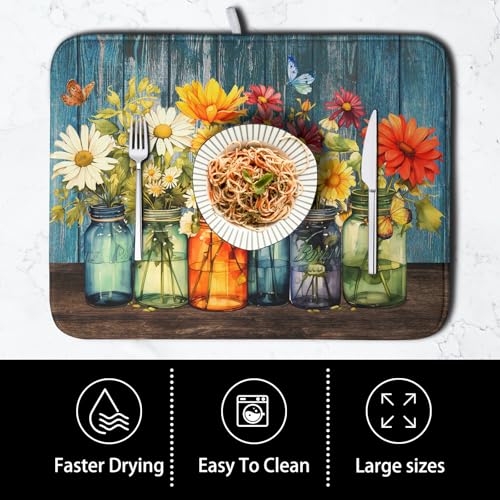 Daisy Dish Drying Mat for Kitchen Counter 18x24 Inch Rustic Vintage Flower Vases Drying Mats Microfiber Absorbent Dishes Drainer Mats Farmhouse Floral Wooden Board Dish Rack Pad (Daisy Vases / 18" x 24")