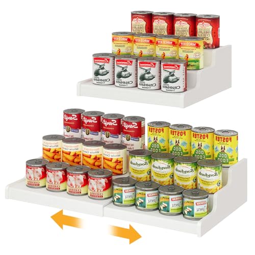 3 Tier Expandable Bamboo Can Organizer for Pantry (12.4"-24"W × 10.8"D × 4.5"H / White)