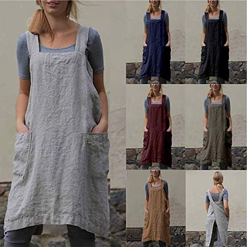 Cotton Linen Apron Cross Back Apron for Women with Pockets Pinafore Dress for Baking Cooking (Blue / 3X-Large)