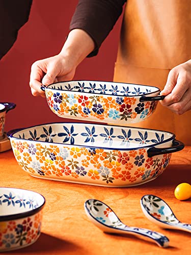 Colorful Cherry Blossom Flowers Vintage Style Ceramic Bakeware Dish Casserole Dish Baking Pan Lasagna Pans with Handles for Oven (Colorful Flowers / 22 OZ)