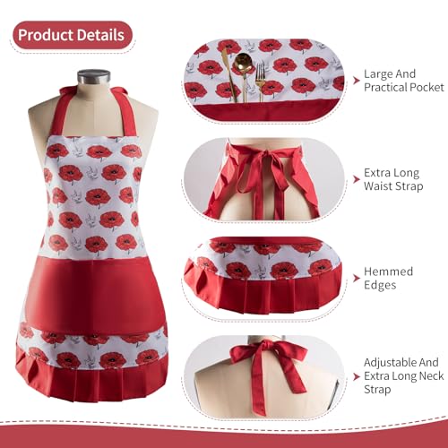 Vintage Floral Apron for Women with Functional Pockets Adjustable Neck Strap for Cooking Baking Mother's Gift (Rose)