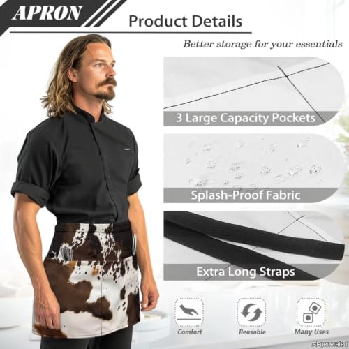 Server Apron with 3 Pockets (Brown Cow Hide)