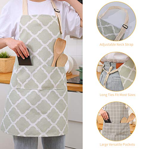 2 Pieces Cotton Linen Waterproof Bib Kitchen Apron with Pockets (Grey/Green)