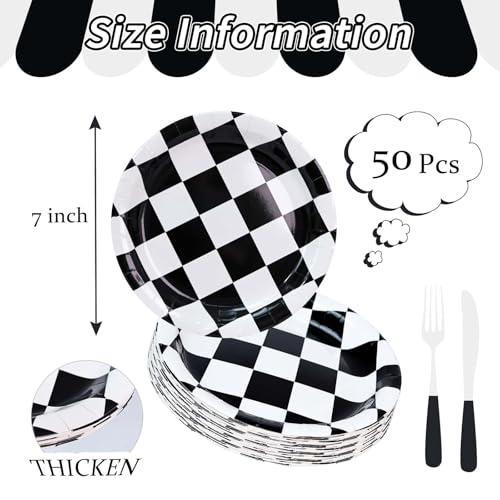 50 Pcs Checkered Paper Plates 7 Inch Black and White Checkered Dessert Plates Disposable Dinner Plates for Racing Theme Party Birthday Baby Shower Decoration Race Car Paper Plates (black and white checkered plates / 50 Pcs)