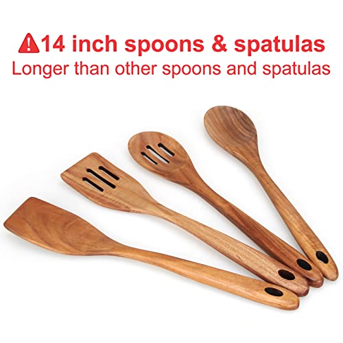 14" Long Teak Wood Utensils Set for Cooking Spatula Non Toxic Wooden Spoons (2 spoons+2 spatulas)