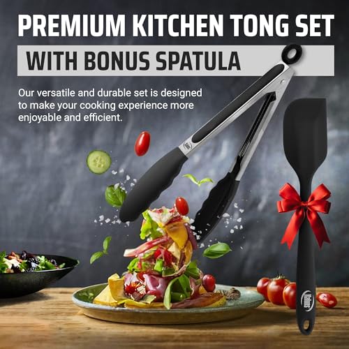 Kitchen Tongs for Cooking Grilling Set of 4 (Black)