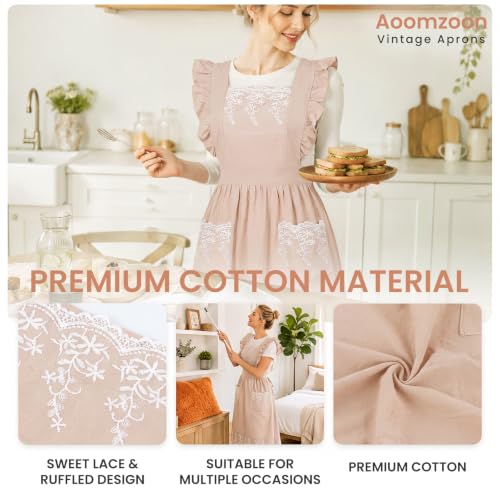 Vintage Aprons for Woman with Pockets Cute Lace Ruffle Adjustable Apron for Cooking Kitchen Baking Gardening (Beige)