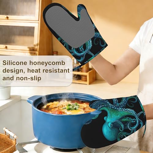 Oven Mitts and Pot Holders Green Octopus Silicone Kitchen Accessories Set of 4 Heat Resistant Gloves Potholder Non (Green Octopus)