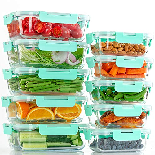 10 Pack] Glass Food Storage Containers with Lids (Light Green)