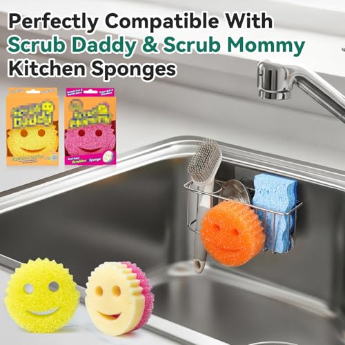 3-IN-1 Multiuse Sponge Holder for Kitchen Sink, Sponge Caddy for Scrub Daddy/Scrub Mommy Smiley Face, Sink Organizer Accessories for Dish Brush, Scrubber - with 2 Suction Cups & 1 Adhesive Hook (3-in-1 / Silver Smiley Face)