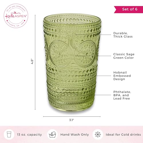 Hobnail Beaded Floral Green Drinking Glasses Set of 6 (Green / 13 oz)