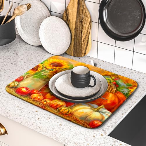 Vintage Fall Autumn Dish Drying Mat 16"x18" Small Rustic Pumpkin Sunflower Bird Dish Drainer Mats Thanksgiving Farmhouse Reversible Dish Drying Pad for Kitchen Countertop Dining Room (18" x 16")