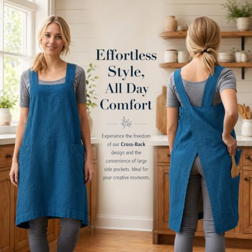 Cross Back Linen Cotton Apron with Pockets (Large / Denim Blue)